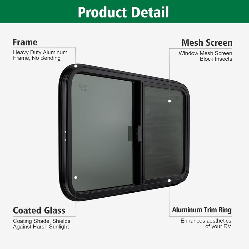 Dulepax نافذة RV أفقية، 20" عرض x 15" ارتفاع نافذة مقطورة مظللة منزل متنقل، استبدال نافذة زجاجية مقواة مع شبكة و حلقة تزيين، معتمدة من DOT - Image 3